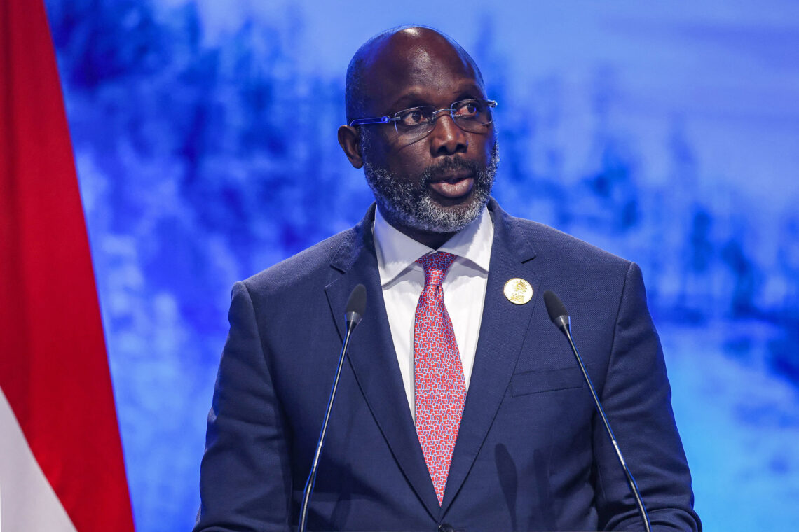 Liberia's President George Weah delivers a speech at the leaders summit of the COP27 climate conference at the Sharm el-Sheikh International Convention Centre, in Egypt's Red Sea resort city of the same name, on November 8, 2022. (Photo by AHMAD GHARABLI / AFP) (Photo by AHMAD GHARABLI/AFP via Getty Images)